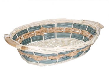 Oval white wicker basket light blue twine 51x37h13